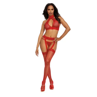 Bralette Garterhose and G String One Size Rouge