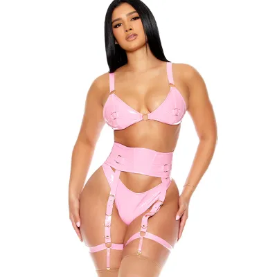 Forplay Shine On 3 Piece Pink Vinyl Bra Set with Garter Belt Panty
