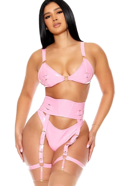 Forplay Shine On 3 Piece Pink Vinyl Bra Set with Garter Belt & Panty