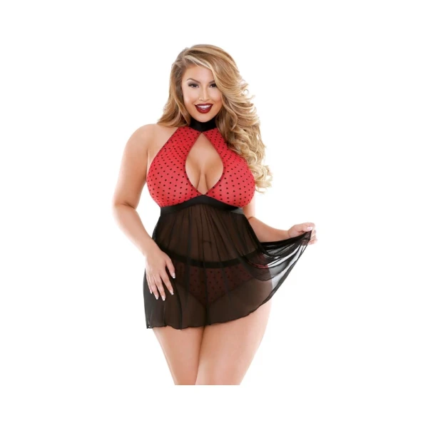 Curve Valentina Halter Keyhole Front Babydoll & Matching Panty Red/black 1x/2x — image 9 of 9