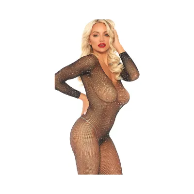 Crystalized Seamless Fishnet Long Sleeved Bodystocking Black O s