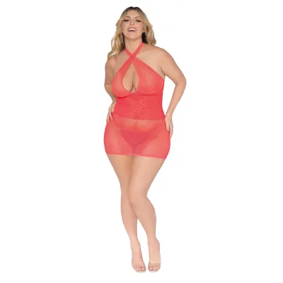 Stretch Fishnet and Scalloped Stretch Lace Chemise Queen Coral