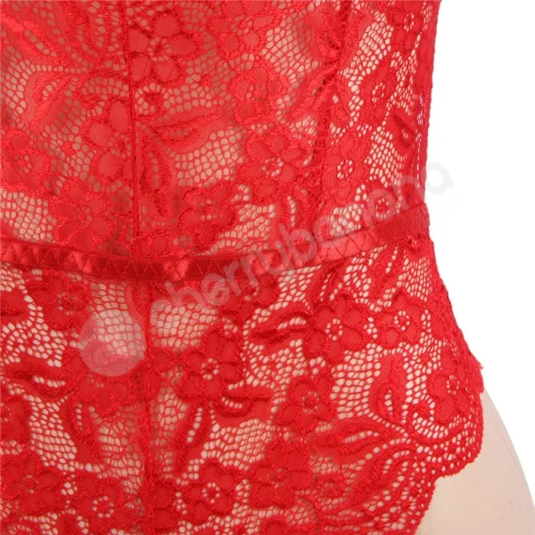 Cherry Banana Red Floral Lace Bodysuit With Adjustable Neck & Back Straps
