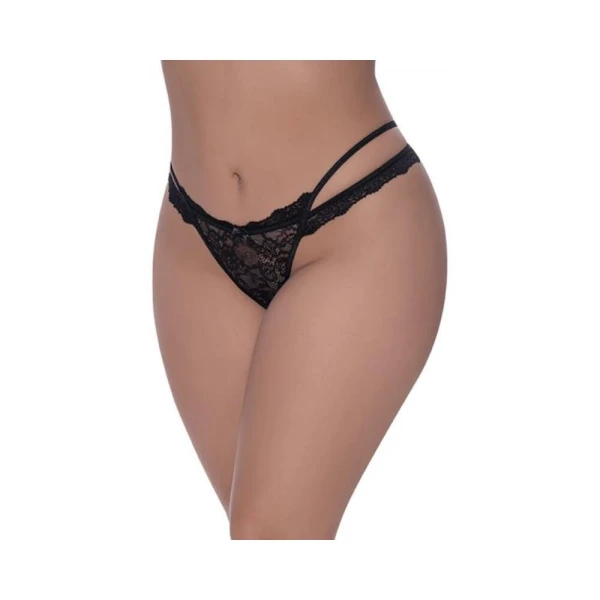 Women's Lingerie: Magic Silk Ooh La Lace Cross Strap Split Crotch Tanga Black Queen Size