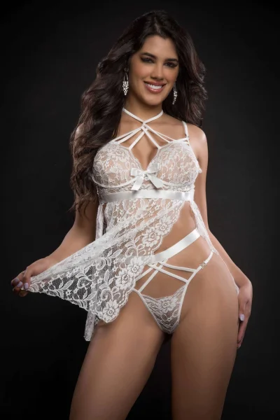 2pc Strappy Halter Laced Babydoll With Side Slits and Open Back - One Size - White — image 4 of 6
