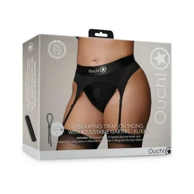 Women s Lingerie Shots Ouch Vibrating Strap on Thong With Adjustable Garters Black Xl 2xl