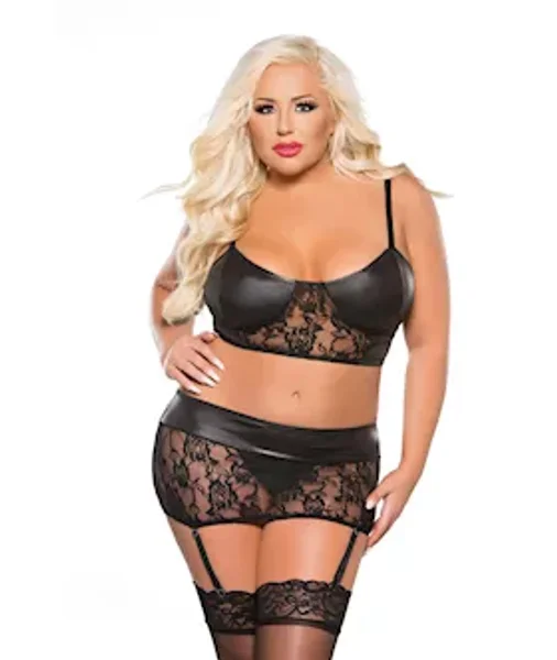 Lace & Wet Look Top & Garter 3 Piece Set - Black - One Size Plus — image 4 of 6