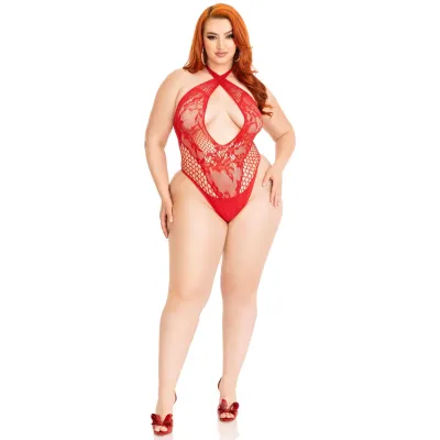 Lace and Net Keyhole Crossover Halter Teddy 1x 2x Red