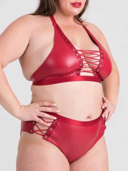 Lovehoney Plus Size Fierce Leather Look Lace-Up Open-Back Red Crotchless Knickers