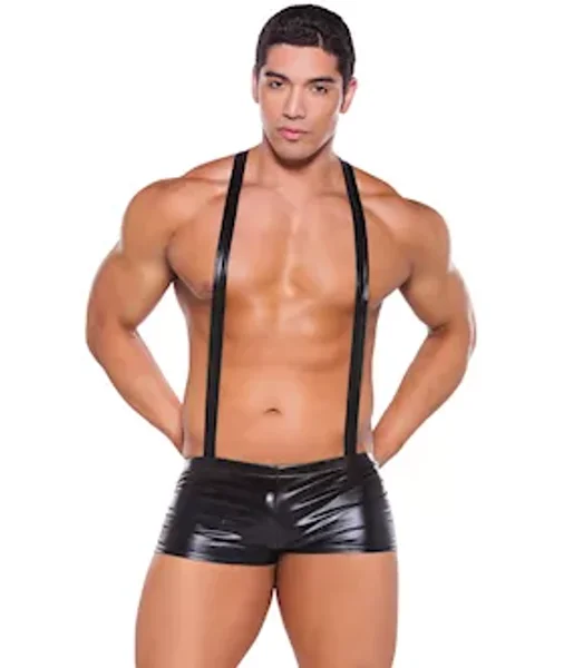 Zeus Wet Look Suspender Shorts - Black - One Size — image 3 of 4