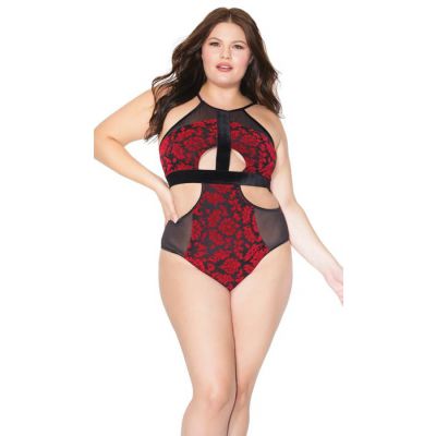 Elegant Floral Embroidered And Mesh Cutout Halter Teddy