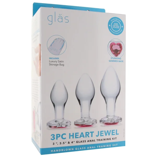 Gläs Heart Jewel Glass Butt Plug 3 Piece Anal Training Set - Clear With Pink Jewel