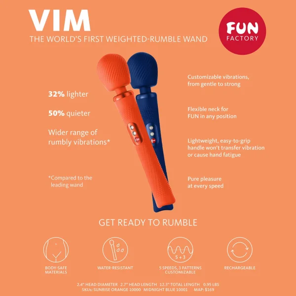 Fun Factory VIM Silicone Rechargeable Vibrating Weighted Rumble Wand - Midnight Blue
