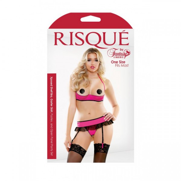 Risque - Xposed Shelf Bra, Garter Skirt, Pasties And Open Panel Panty Set (One Size)