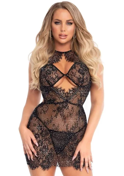2pc Rhinestone Dress and Panty Set - Black - Small