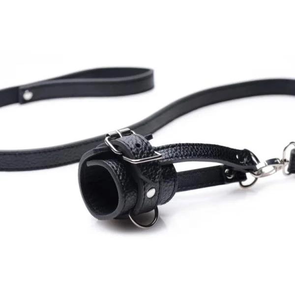 Ball Stretcher With Leash Black Leather