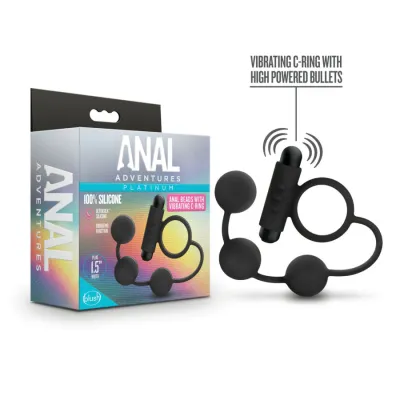 Blush Anal Adventures Platinum Silicone Anal Beads w Vibrating C Ring Blac