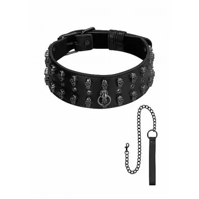 Ouch Skulls And Bones Neck Chain With Skulls And Leash Black
