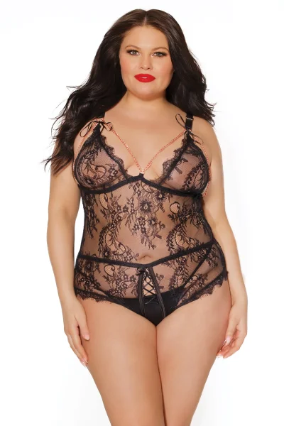 Plus Size Black Line All-Access Eyelash Lace & Rose Gold Teddy