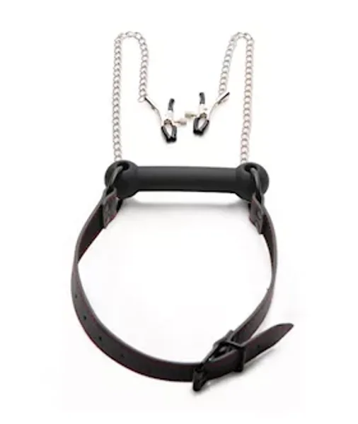 Strict Silicone Bit Gag With Nipple Clamps - Black — image 4 of 6