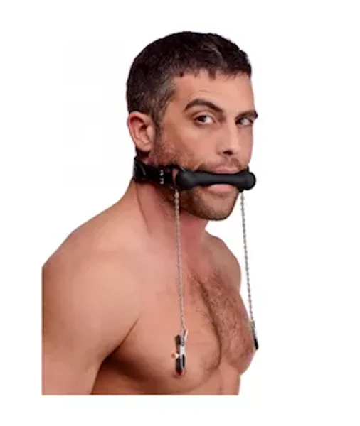 Strict Silicone Bit Gag With Nipple Clamps - Black — image 5 of 6