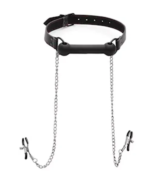 Strict Silicone Bit Gag With Nipple Clamps - Black — image 2 of 6