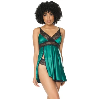 Satin Green Lace Babydoll Matching Lace Thong