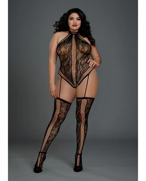 Lace Halter Teddy Bodystocking Garters & Thigh Highs Black O/S