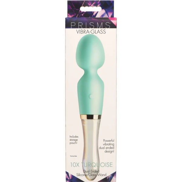 Prisms Vibra-Glass 10X Turquoise Rechargeable Silicone & Glass Dual Ended Wand Style Vibrator