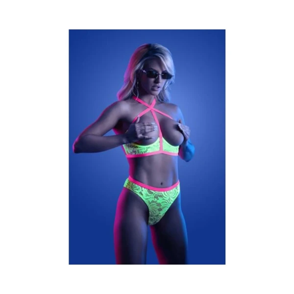 Women's Lingerie: Fantasy Lingerie Glow Persuasive Contrast Elastic Open Cup Lace Cage Bra & Panty Neon Green L/xl