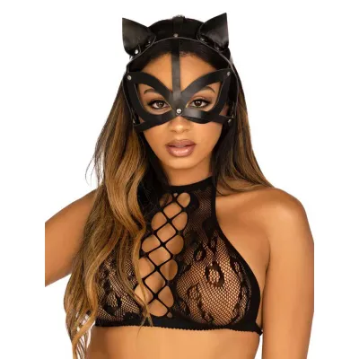 Vegan Leather Studded Cat Mask Black