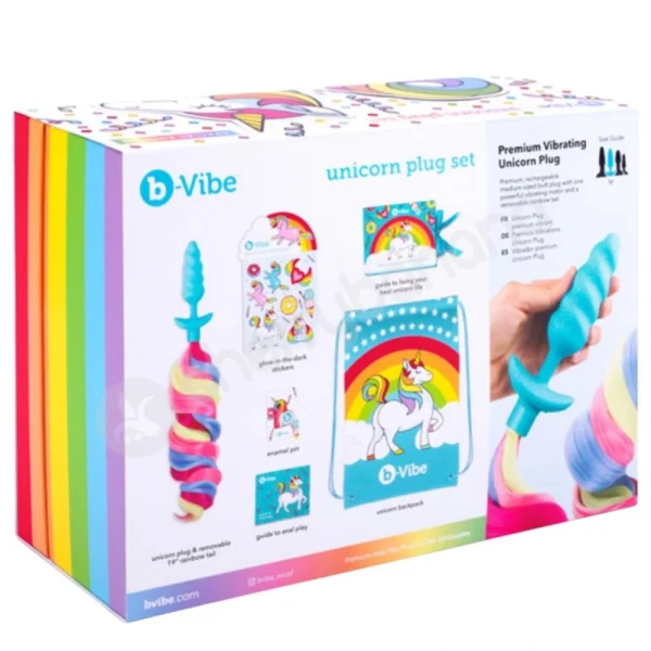 B-vibe Unicorn Vibrating Anal Plug & Rainbow Tail 6 piece Set