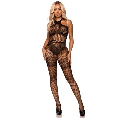 Net and Lace Crotchless Bodystocking One Size Black