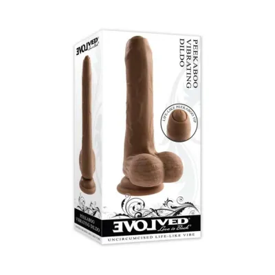 Realistic Dildos Evolved Peek A Boo Rechargeable Vibrating 8 In Silicone Uncircumcised Dildo With Power Boost Dark