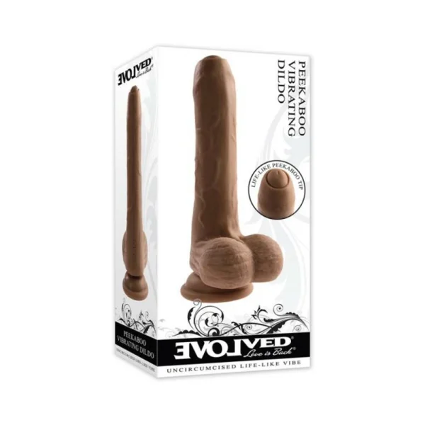 Realistic Dildos: Evolved Peek A Boo Rechargeable Vibrating 8 In. Silicone Uncircumcised Dildo With Power Boost Dark