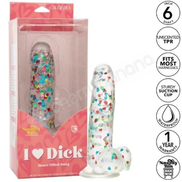 Naughty Bits I Love Dick Dildo Heart-Filled Confetti Clear Dong