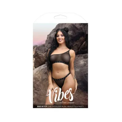 Women s Lingerie Fantasy Lingerie Vibes Bad Bitch One shoulder Bling Bralette Bikini Panty Black S m