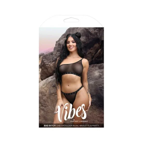 Women's Lingerie: Fantasy Lingerie Vibes Bad Bitch One-shoulder Bling Bralette & Bikini Panty Black S/m