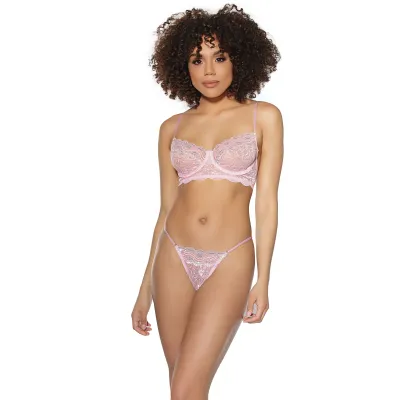Pink Silver Scalloped Lace Bra Matching G String