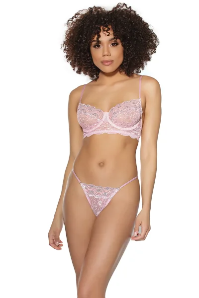 Pink & Silver Scalloped Lace Bra & Matching G-String