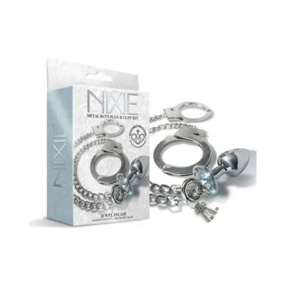 Nixie Metal Butt Plug Handcuffs Set Silver