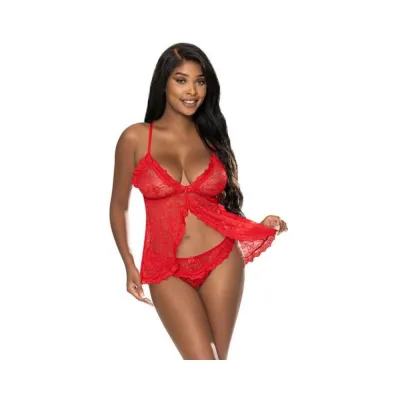 Magic Silk Ooh La Lace Babydoll Split crotch Panty Set Red S m