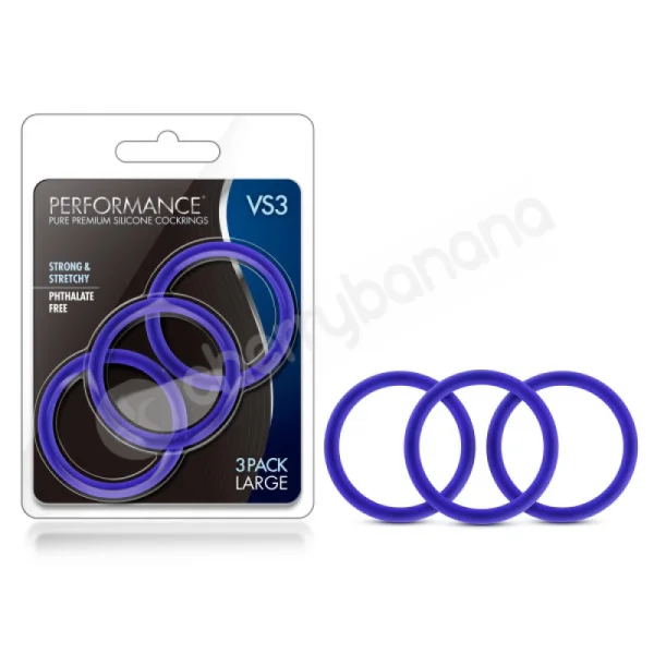 Performance VS3 Pure Premium Silicone Blue Cock Rings Large 3 Pack