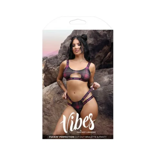 Women's Lingerie: Fantasy Lingerie Vibes Fuckin' Perfection Plaid Mesh Cut Out Bralette & Panty Black M/l