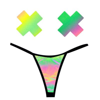 Rainbow Reflective G String X Pastie Set OS
