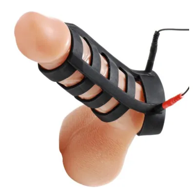 Power Cage Silicone E Stim Cock And Ball Sheath Black