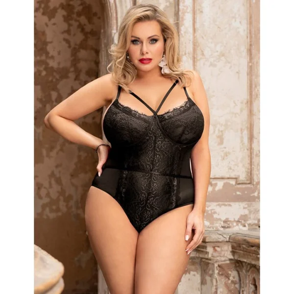 Bondara Belle Late Night Plus Size Black Eyelash Lace Caged Teddy