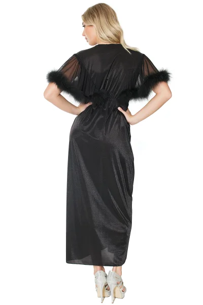 Black Sparkle Stretch Mesh Marabou Robe — image 4 of 22