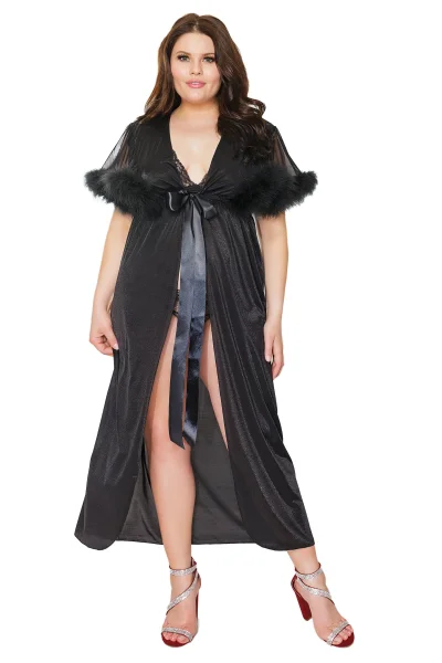 Black Sparkle Stretch Mesh Marabou Robe — image 20 of 22
