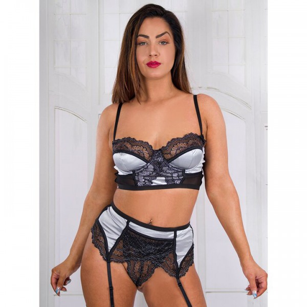 Bondara Flirt Dove Satin Bra and Garter Knicker